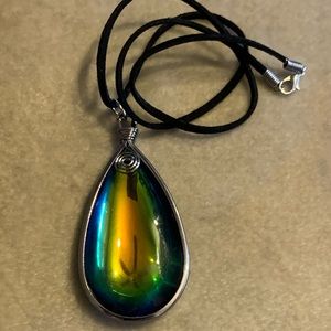 Iridescent Teardrop Pendant Leather Cord Necklace